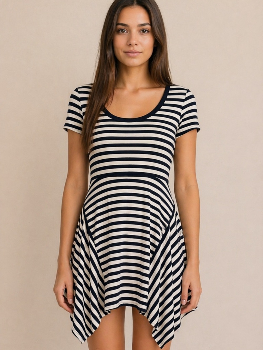 Monteau Los Angeles Striped Black & White Scoop Neck Swing Dress